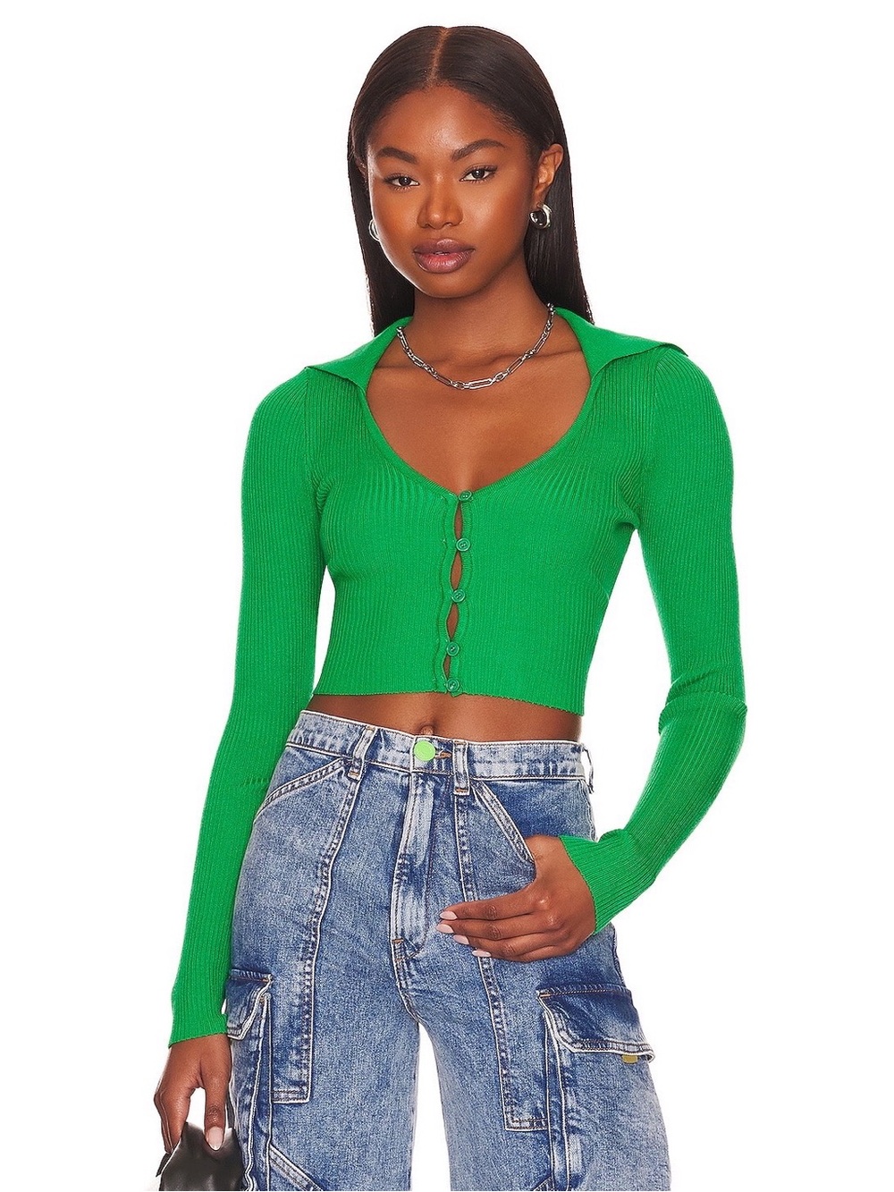 All The Ways x Revolve Clarissa Deep V Ribbed Knit Cardigan Polo Top in Green